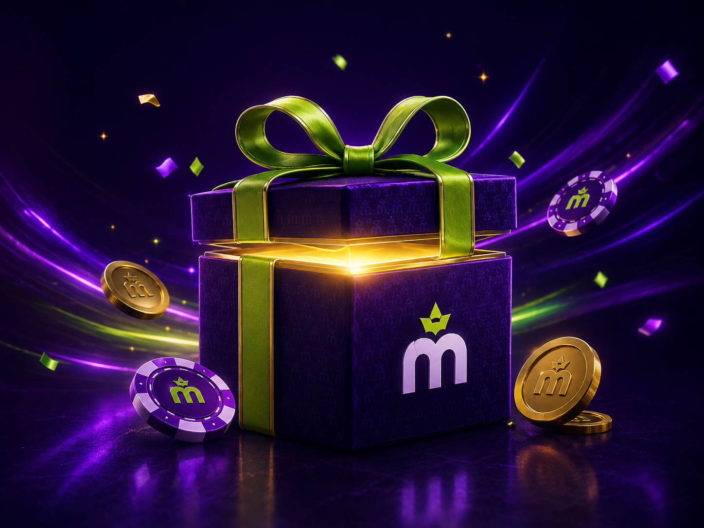 Ilustración de una caja de regalo dorada representando el bono de bienvenida de MaxWin Casino