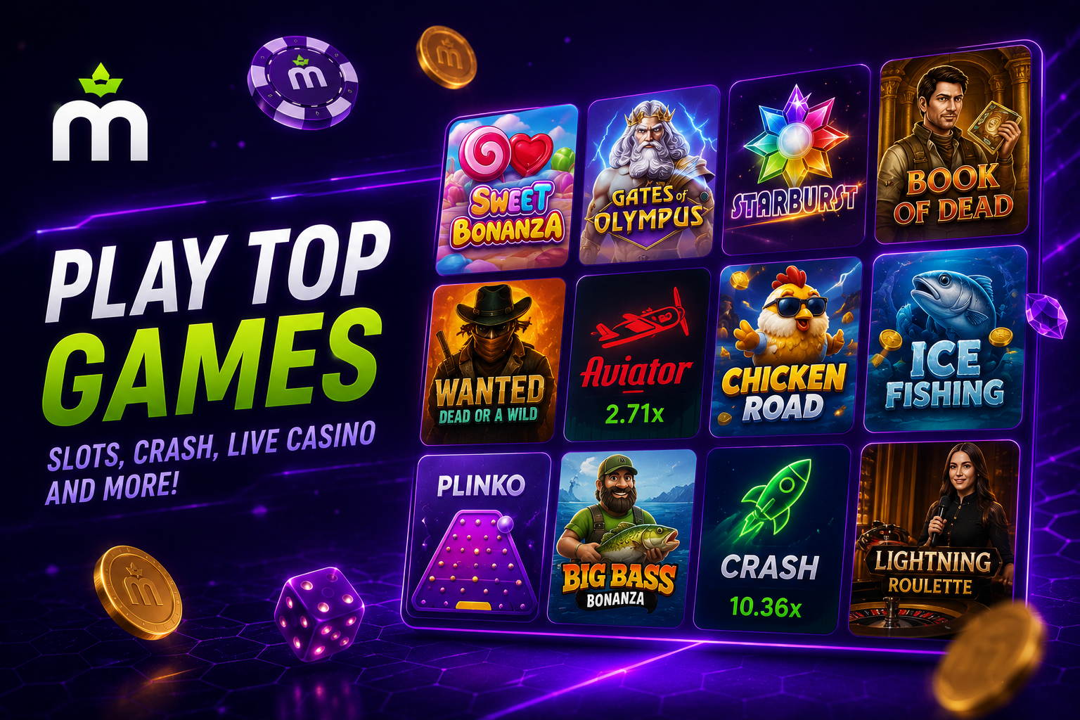 Ilustración de una cuadrícula de tragamonedas y mesas de casino en vivo de MaxWin Casino