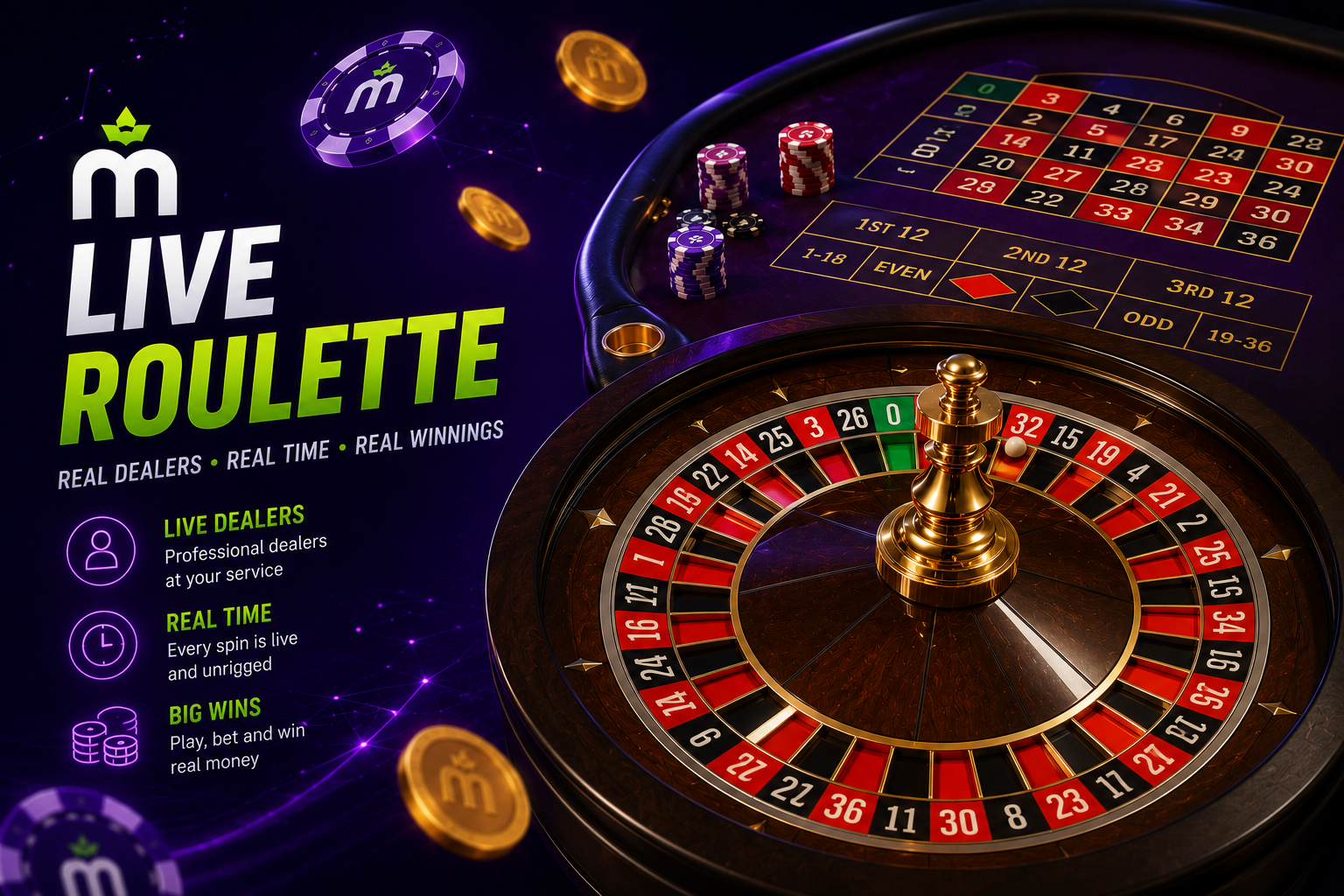 Ilustración de una ruleta en vivo y naipes representando el casino en vivo de MaxWin Casino