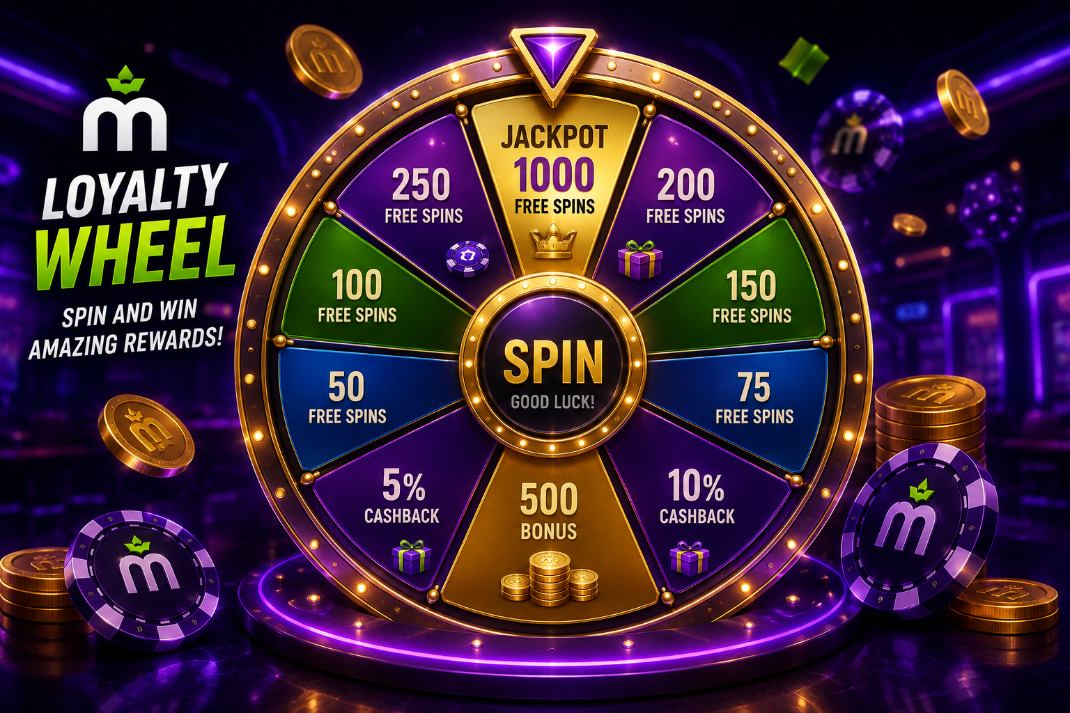 Ilustración de una rueda de la fortuna y monedas representando MaxWin Points en MaxWin Casino