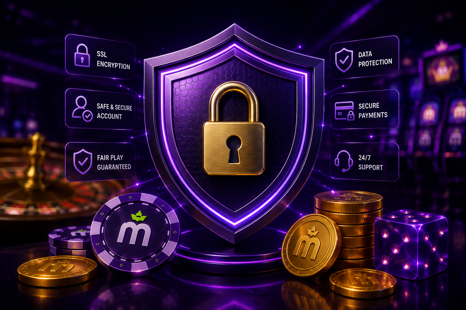 Ilustración de un escudo y un candado representando la seguridad de la cuenta en MaxWin Casino